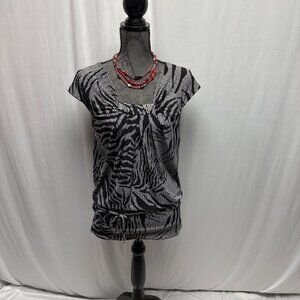 Worthington Zebra Print Stretch Top Womens Size Large Black Gray Short Sleeve
